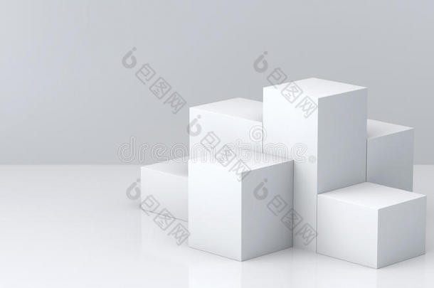 白色的立方形盒和白色的空白的墙背景为展览.3