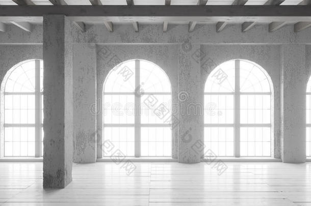 空的房间和大的窗,镶木地板底和粗糙的墙.