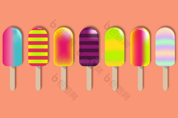 富有色彩的冰棒冰乳霜.甜的夏餐后甜食.3英语字母表中的第四个字母矢量放置
