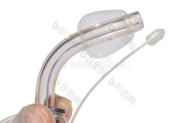 气管造口术套管和飞涨的袖口和白色的气管口腔学