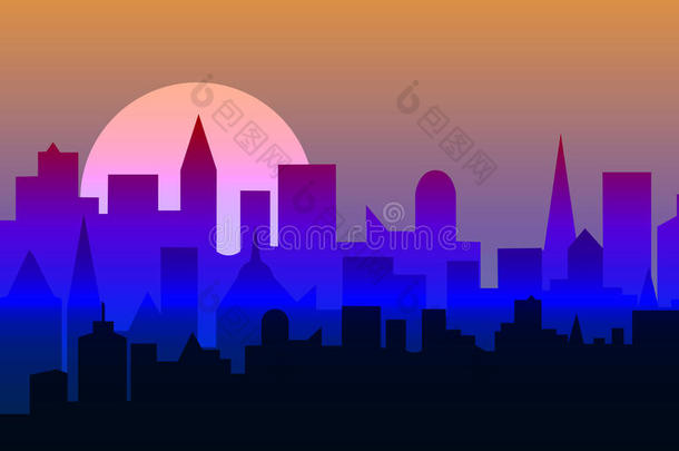 放置关于城市风光照片在黎明.水平的横幅和大都市帕诺人
