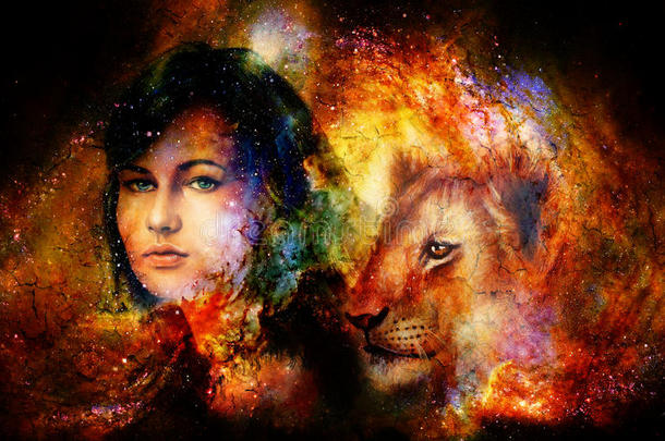 年幼的女人和狮子幼小的兽采用宇宙的空间.发出<strong>轻微</strong>的爆裂声影响.