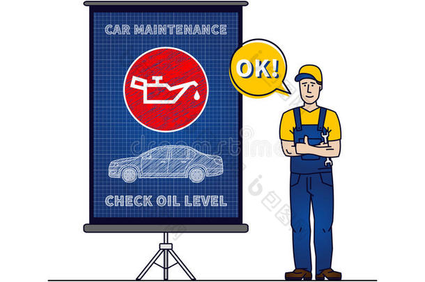 军人和检查马达油水平图表板矢量illust