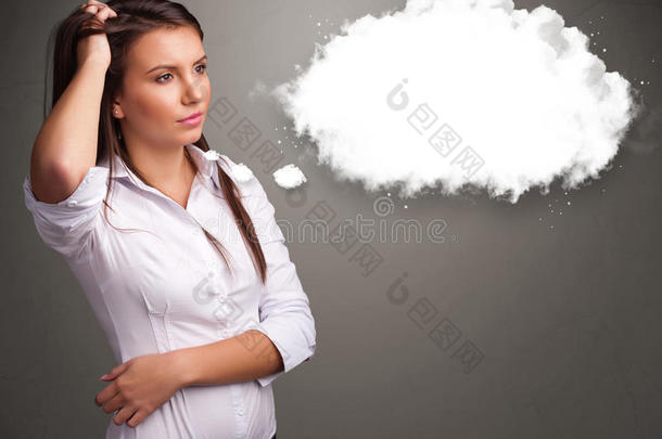 漂亮的女士思考关于云演说或思想泡和英语字母表的第3个字母