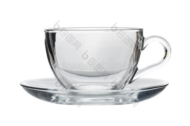 空的透明的茶杯和茶杯托隔离的向白色的