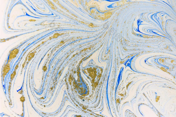 大理石的蓝色,白色的和金抽象的背景.液体大理石