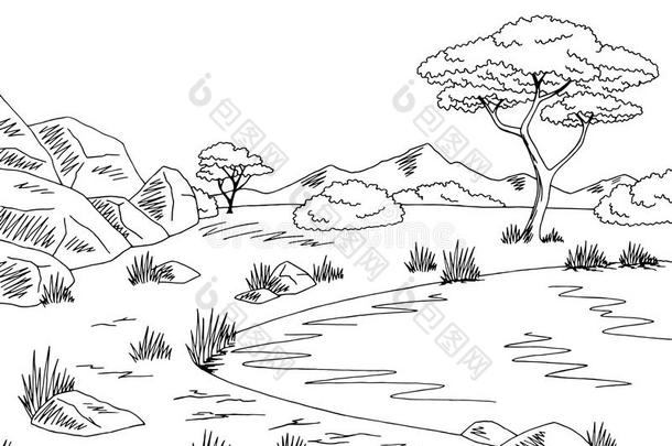 无树大草原图解的黑的白色的湖风景草图说明