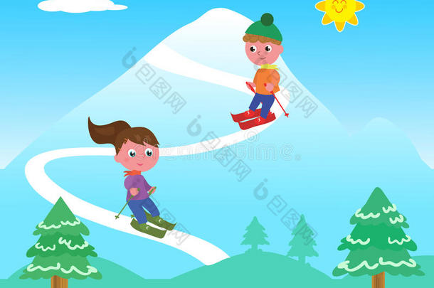 小孩滑雪向山