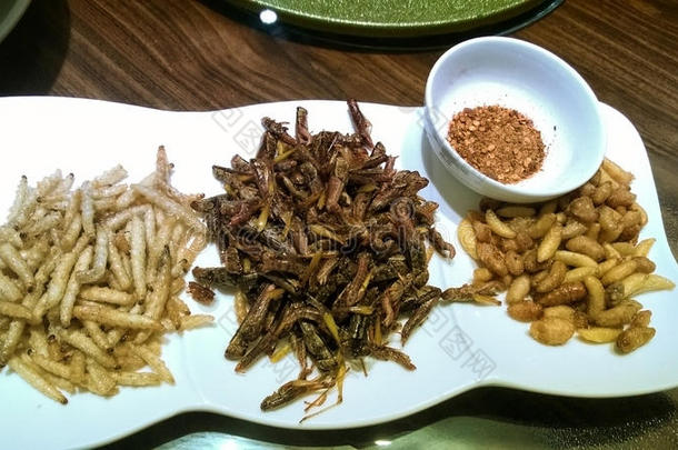 传统的中国人食物和喝醉了的昆虫,加<strong>料斗</strong>,虫和
