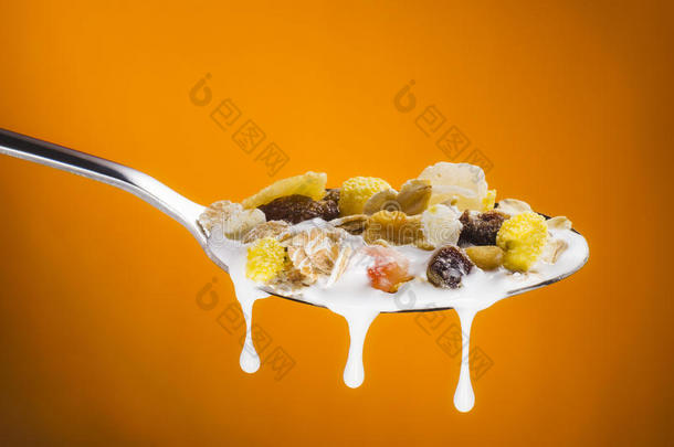 美味的有果味的牛奶什锦早餐向spo向和奶向梯度后座