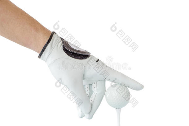 行动关于高尔夫球手手采用白色的手套和指已提到的人高尔夫球球和球座