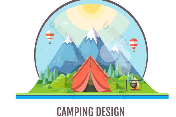 平的方式设计山风景和野营.