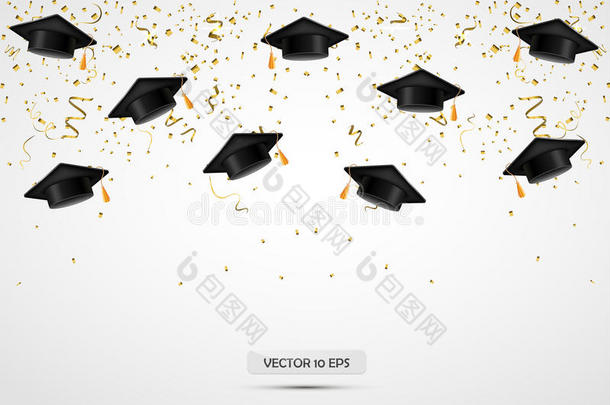 毕业帽子和五彩纸屑.庆祝背景.矢量.