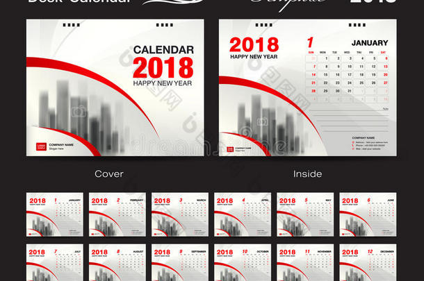 书桌日历2018样板设计,红色的遮盖,放置关于12月,