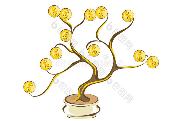钱树和金色的coinsurance联合保险.金元向木材树枝.汽车