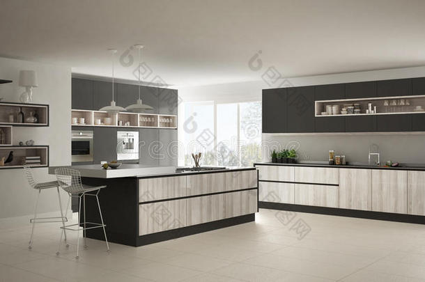 现代的白色的厨房和木制的和灰色详细资料,极简主义