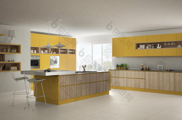 现代的白色的厨房和木制的和黄色的详细资料,米利斯蒂