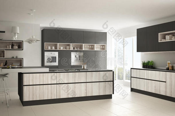 现代的白色的厨房和木制的和灰色详细资料,极简主义