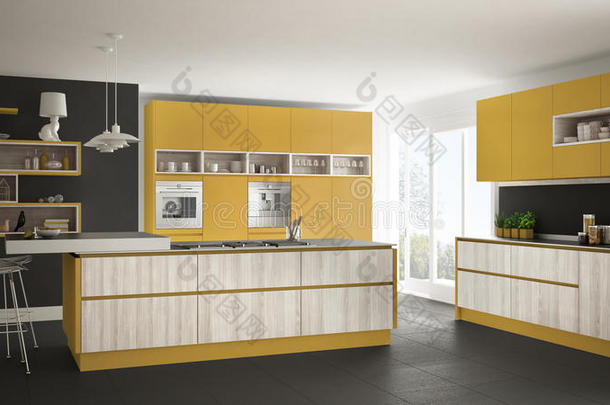 现代的白色的厨房和木制的和黄色的详细资料,米利斯蒂