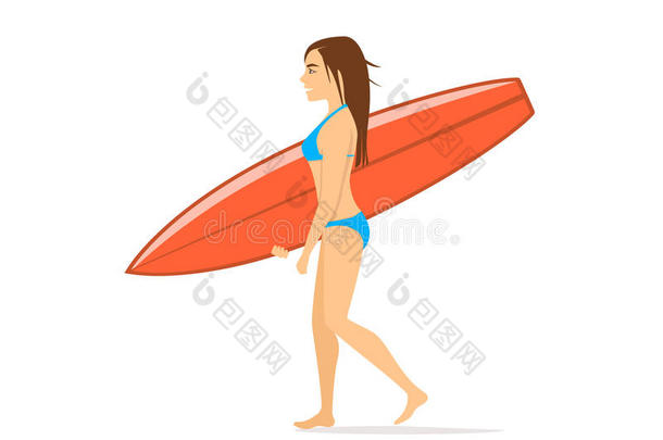 女人冲浪运动员步行和冲浪板