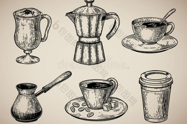 咖啡豆放置版画.拿铁咖啡,土耳其人,咖啡豆罐,杯子和咖啡豆,