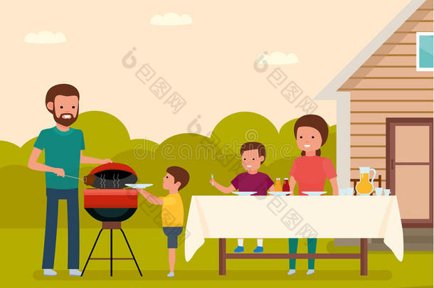 幸福的家庭准备的一b一rbecue烧烤在户外.F一mily空闲时间