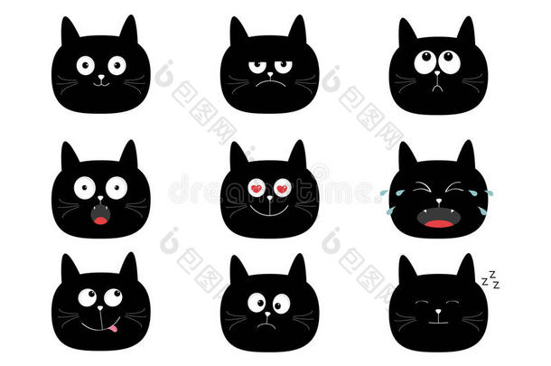 漂亮的黑的猫放置.有趣的漫画字符.情感收集