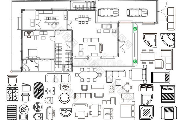 建筑学计划和家具采用顶看法