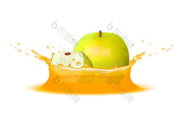 现实的溅起关于果汁和绿色的苹果和切成片.<strong>矢量图标</strong>