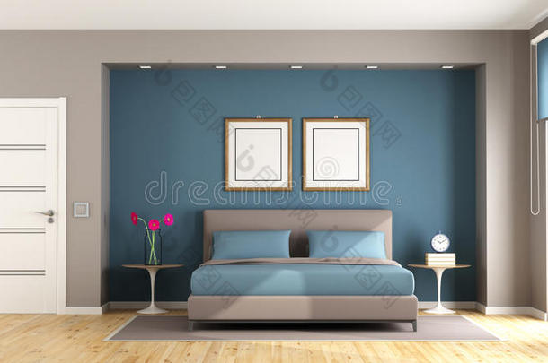 蓝色和棕色的现代的卧室