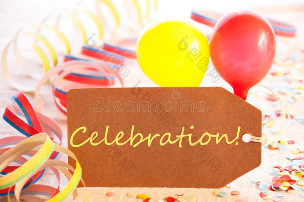 社交聚会标签,气球,彩色纸带,文本庆祝