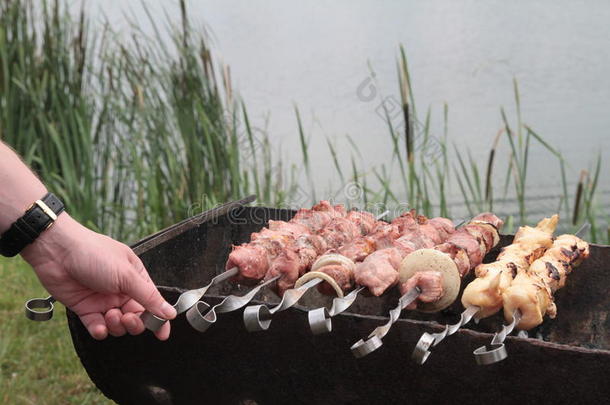 男人烹饪术把浸泡于腌泡汁中烤肉串,羔羊肉烧烤向金属斜的