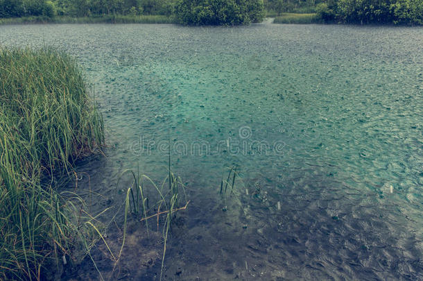 雨落下向湖表面.