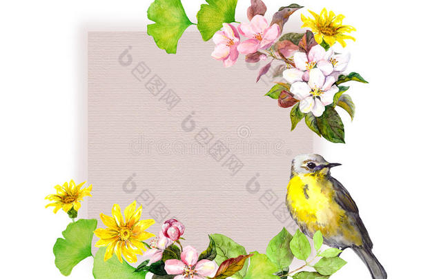 酿酒的卡片-花和鸟为时尚设计.水彩英语字母表的第2个字母