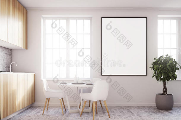 白色的厨房和一海报,木材工作台面面