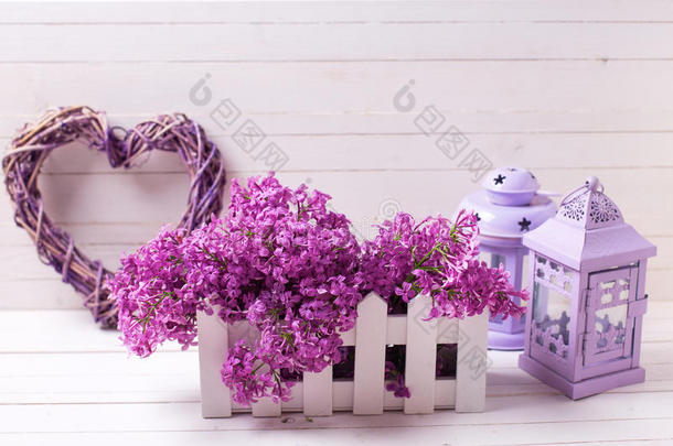 丁香花属花采用盒,装饰的灯笼和心向白色的求爱