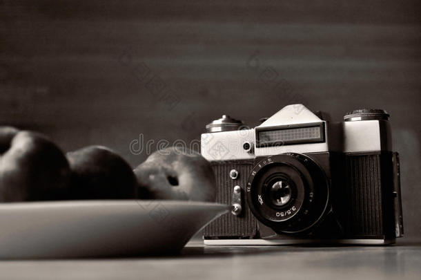 老的照片照相机黑的和白色的照片