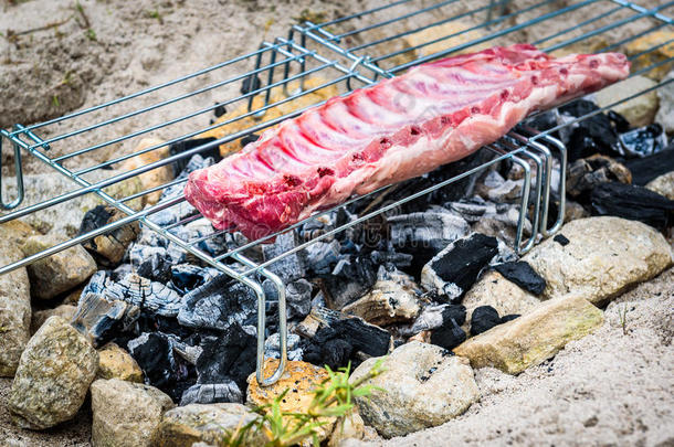 制造猪肉肋骨向自家制的即兴的烤架吃烤烧肉的野餐烤架烧烤.
