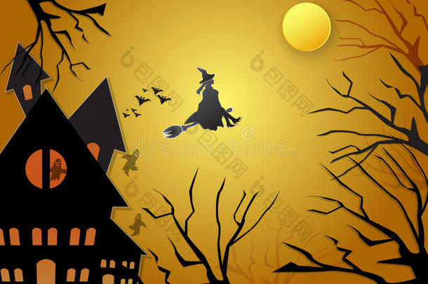 年幼的女巫飞行的向扫帚和鬼似的轮廓万圣节前夕