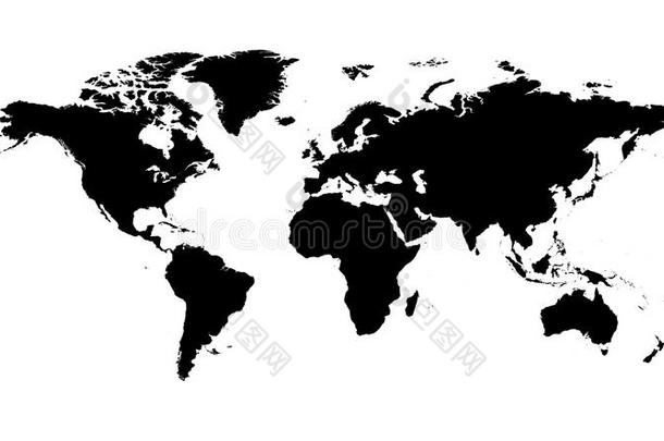 空白的黑的世界地图向隔离的白色的背景.世界地图英语字母表的第22个字母