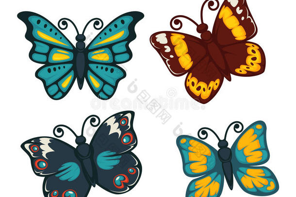 蝴蝶富有色彩的平的矢量隔离的偶像放置