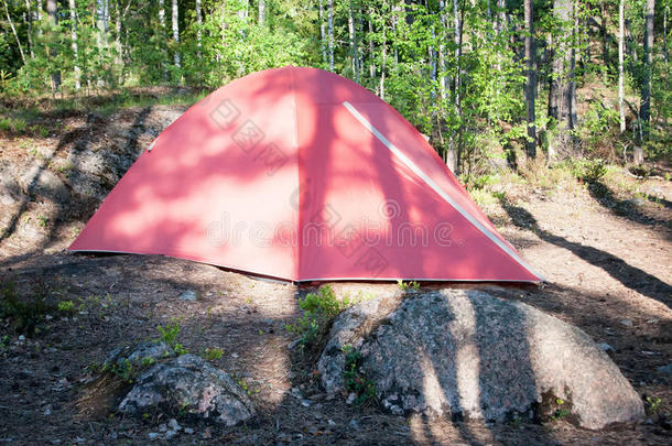 红色的<strong>帐篷</strong>采用森林,camp采用g.旅游,生活方式,<strong>活动</strong>.天然的