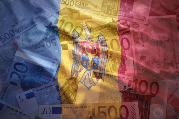 富有色彩的波浪状的<strong>摩尔达维亚</strong>的旗向一欧元b一ckground