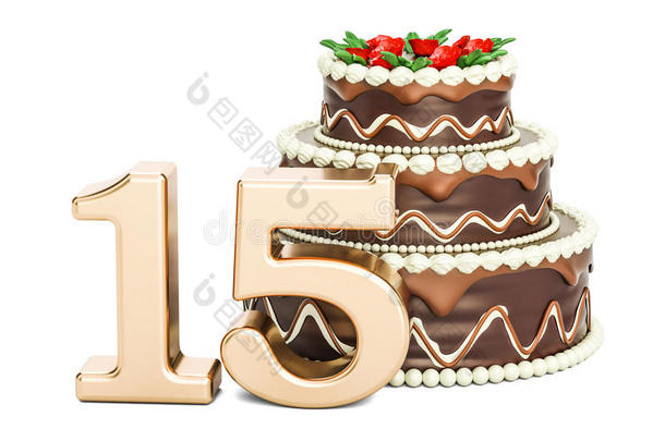 巧克力<strong>生日蛋糕</strong>和金色的<strong>数字</strong>15,3英语字母表中的第四个字母翻译