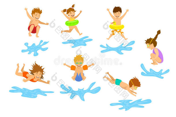 积极的小孩孩子们,男孩和女儿跳水用于跳跃的进入中游民