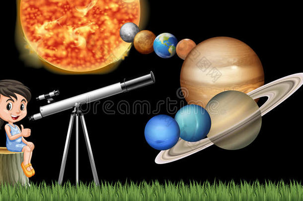 女孩和望远镜学问太阳的体系