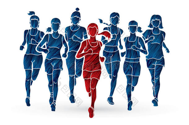 女人跑步,马拉松赛跑跑步的人,组关于人跑步