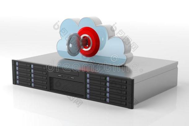 计算机贮存服务器和云和锁向白色的背景.