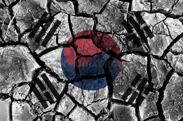南方朝鲜旗绘画向高的详述有裂缝的地面.