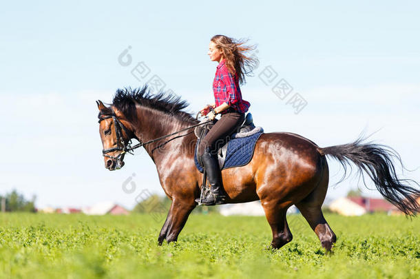 幸福的年幼的女人<strong>飞驰</strong>的在马背上的向田